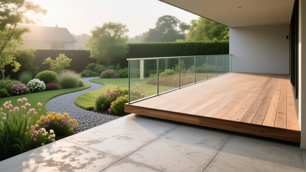 Stamped concrete patio seamlessly transitioning into an elevated cedar wood deck with glass railings overlooking a landscaped garden