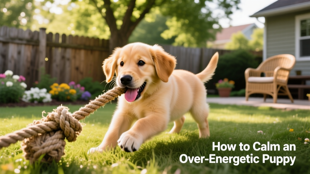 Puppy playing tug-of-war with a sturdy rope toy in a sunlit backyard
