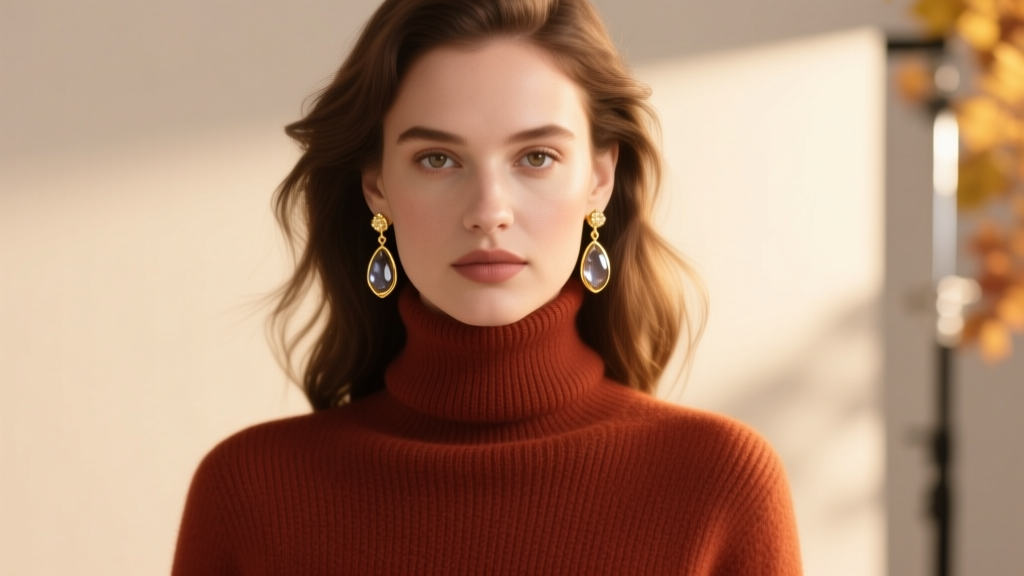 Model wearing 14k gold and smoky quartz drop earrings against a rust-colored wool turtleneck in soft autumn light, front angle