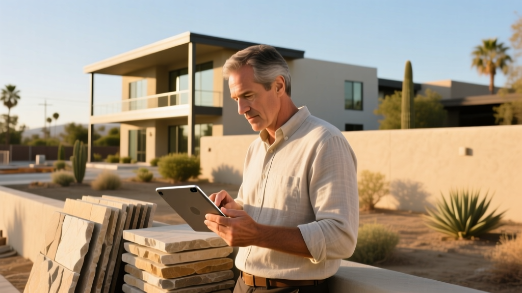 Architect reviewing high-resolution stone veneer material photos on a digital tablet at a sunlit Southern California construction site