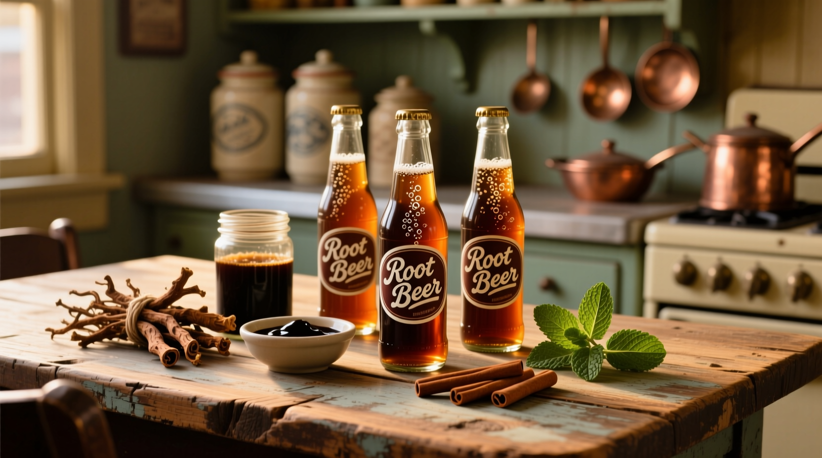 Root beer ingredients on wooden table