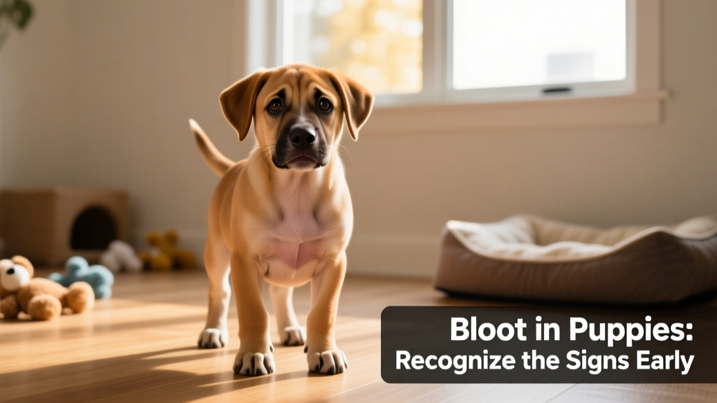 Puppy standing anxiously with a visibly rounded, tight belly and tense posture