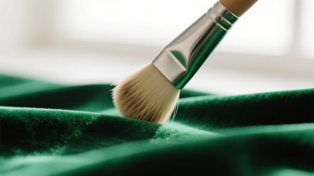 Macro shot of a soft suede brush gently cleaning emerald green velvet fabric, highlighting the plush texture and rich jewel tone.