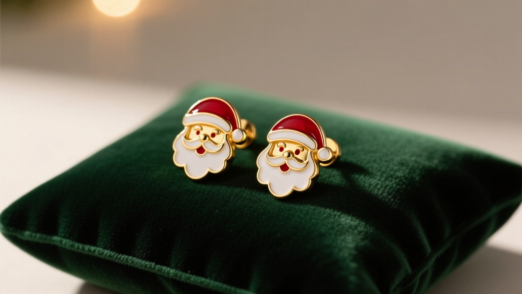 Elegant 14k gold and red vitreous enamel Santa Claus face stud earrings resting on dark green velvet, soft warm holiday lighting