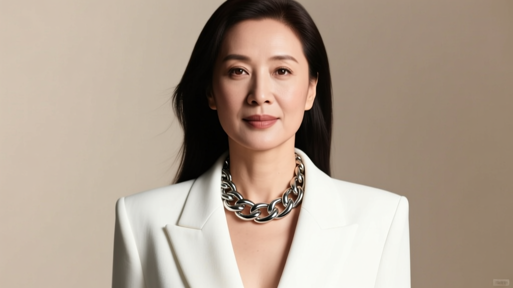 Woman in a white blazer wearing a chunky silver-tone Balmain safety pin chain necklace under soft, directional studio lighting.