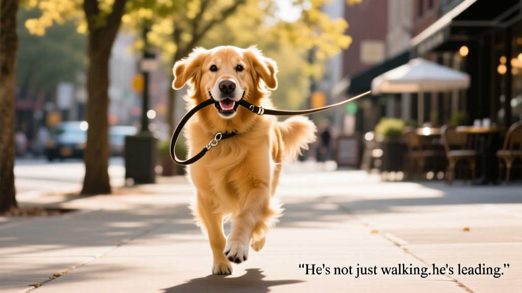 Golden retriever holding leash in mouth while walking, mid-stride on a sunny sidewalk