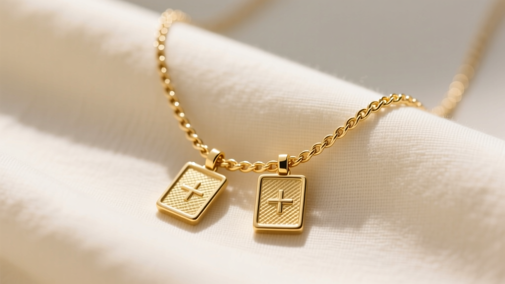 Close-up of a 14k gold scapular necklace on cream linen, highlighting two small rectangular pendants and a delicate cable chain.