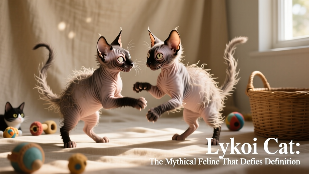 Two Lykoi kittens playing together, highlighting their wiry coats and expressive, hairless facial features