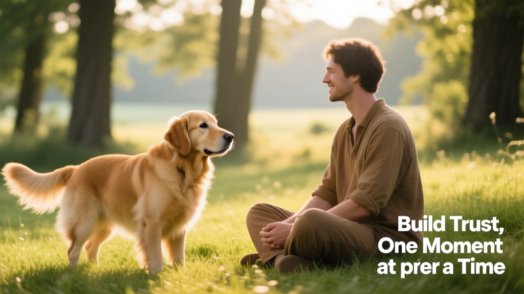 A calm dog approaching a seated person with relaxed body language