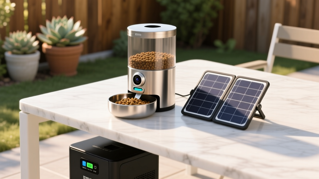 DIY outdoor smart pet feeder setup on a patio table, powered by a portable 20W folding solar panel and a compact lithium power station