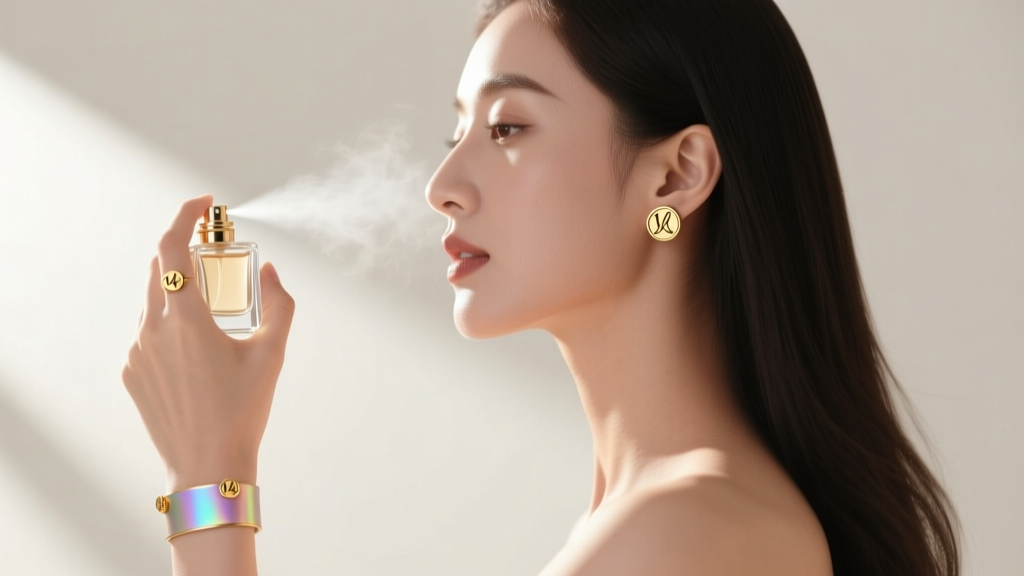 Side profile of a woman applying perfume to her wrist, ensuring the mist avoids her delicate 14k gold character stud earrings.