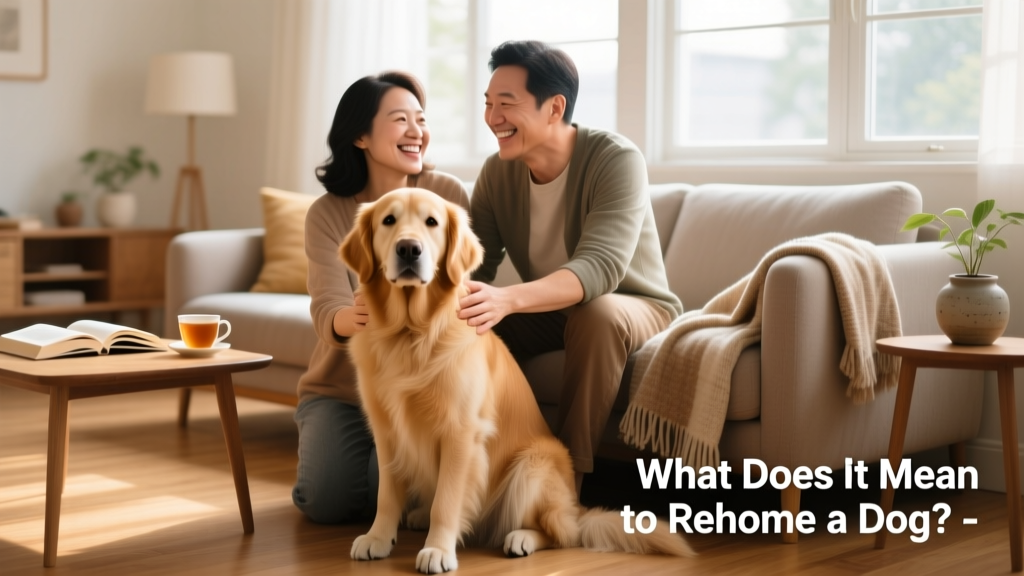 A calm, friendly dog sitting beside two smiling adults in a sunlit living room