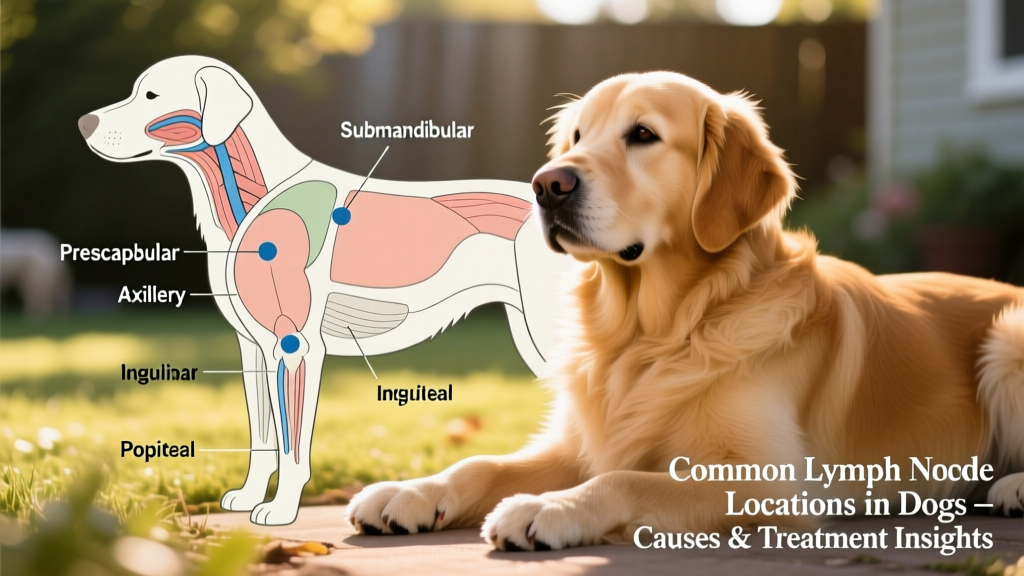 Diagram showing common locations of lymph nodes in dogs: submandibular (under jaw), prescapular (front of shoulder), axillary (armpit), inguinal (groin), and popliteal (behind knee)