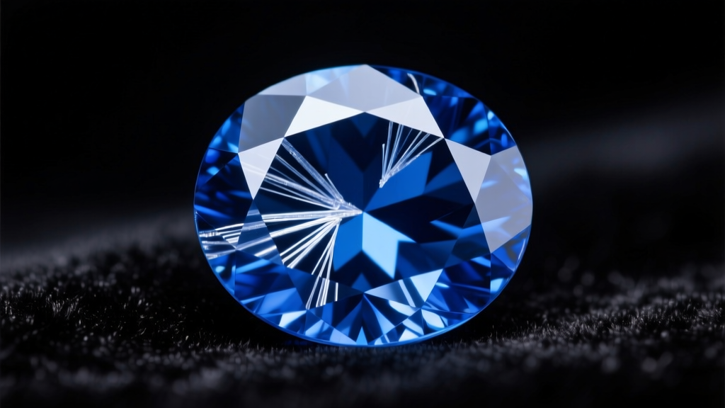 Macro photography of a loose cornflower blue sapphire showing natural rutile silk inclusions under a jeweler's loupe and bright lighting