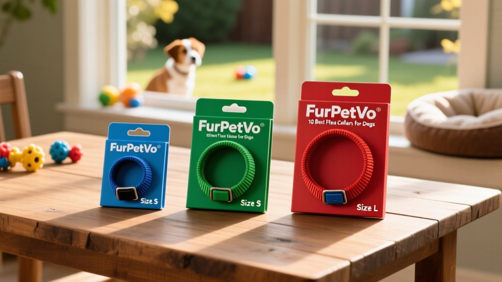 Side-by-side comparison of three FurPetVo flea collars showing different sizes, color-coded packaging, and clear labeling