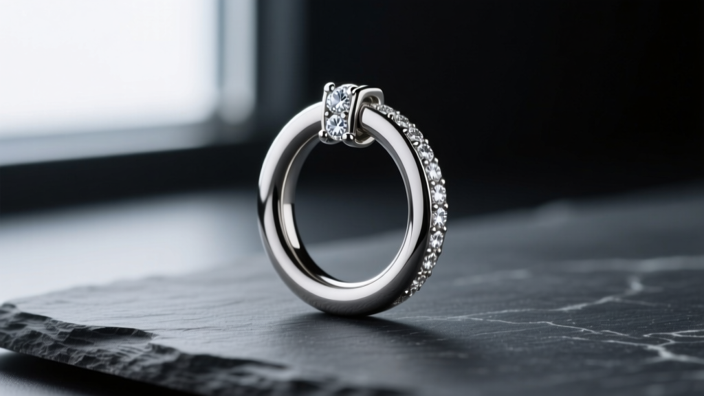 Macro shot of a 16-gauge implant-grade titanium huggie hoop with a pave diamond hinge resting on dark slate.