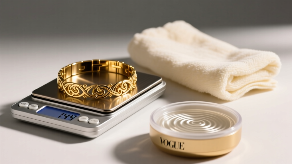 14k gold bracelet on a digital scale beside a soft polishing cloth and a small ultrasonic cleaning bath under warm studio lighting