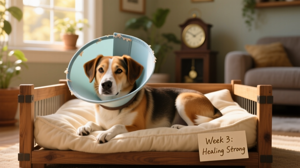 Dog wearing a soft, padded E-collar while resting calmly in a crate with a cozy bed