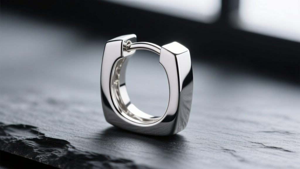 Macro photo of 925 sterling silver square hoop earring showing seamless laser-welded corner joint, resting on dark slate surface.