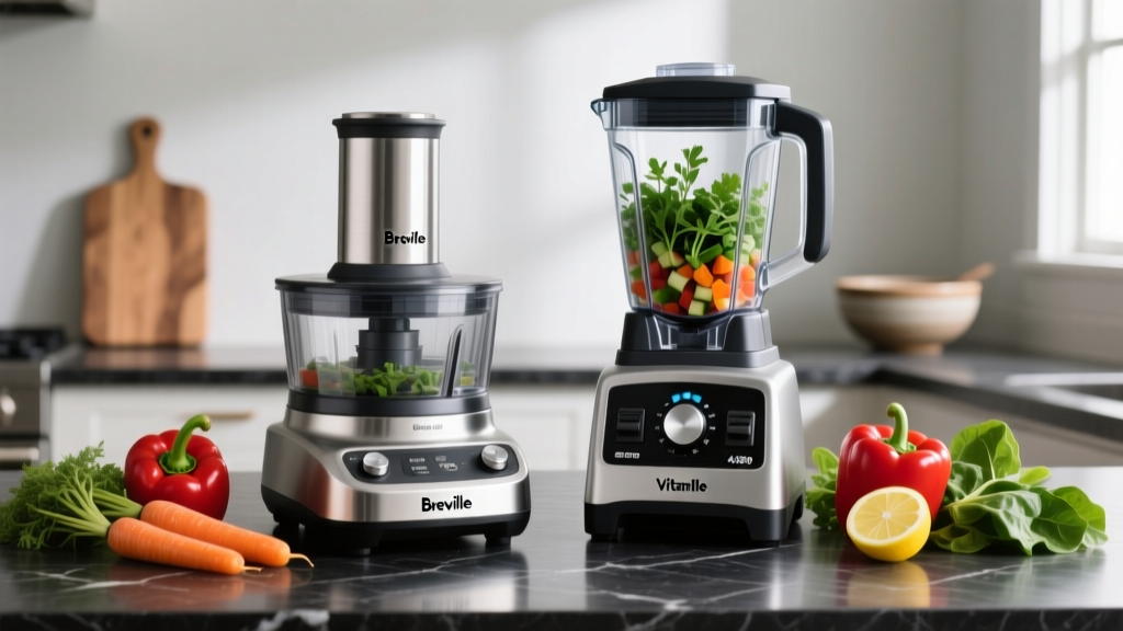 Breville Sous Chef 16 Pro food processor and Vitamix A3500 blender side-by-side on a dark quartz kitchen countertop with fresh vegetables