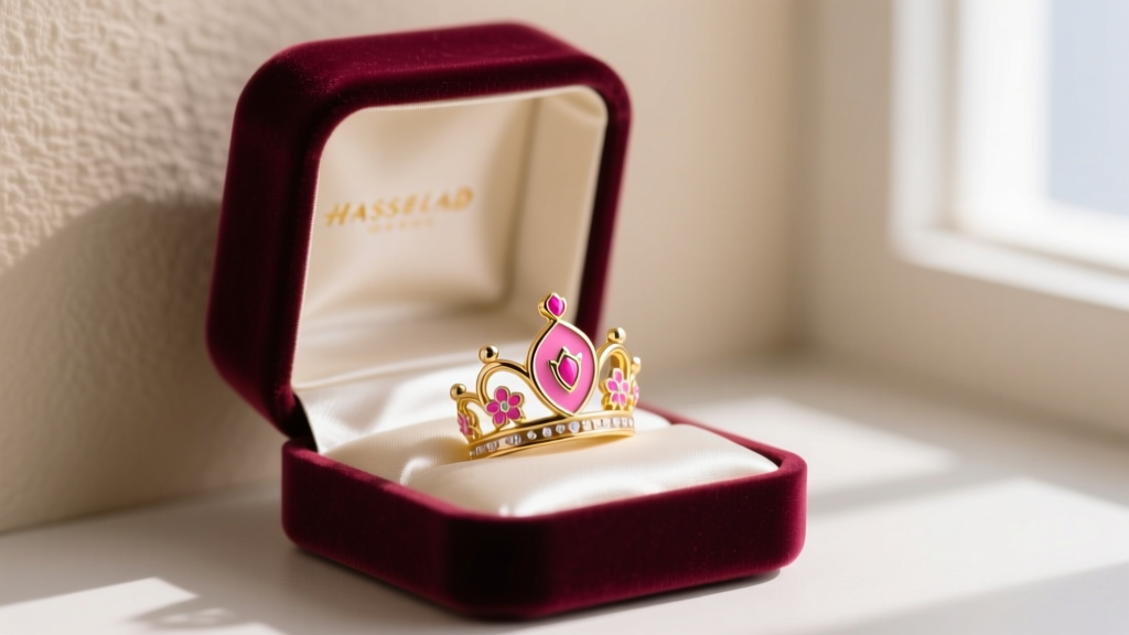 Close-up of a velvet gift box revealing gold-plated sterling silver Princess Peach crown studs with pink enamel, softly lit.
