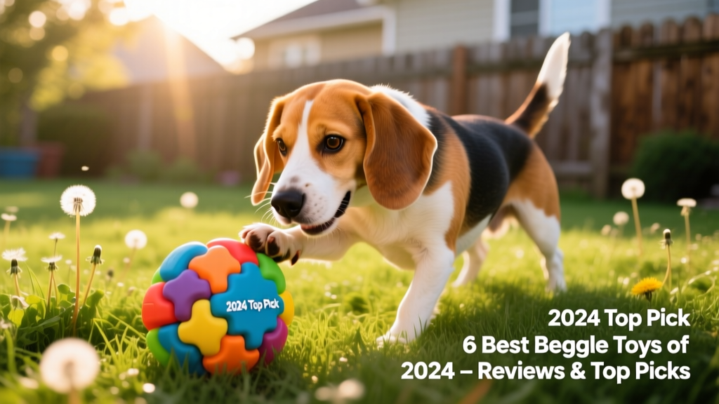 A happy Beagle sniffing and playing with a puzzle toy outdoors