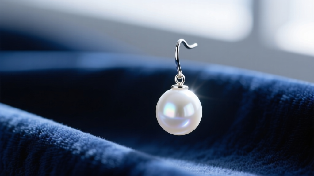 Macro photo of a 14mm white South Sea pearl drop earring with a brilliant specular catchlight, resting on dark blue velvet fabric.