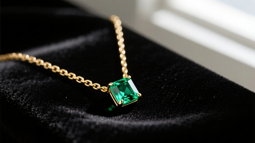 Close-up of a delicate 14k gold chain holding a small square-cut emerald pendant resting on dark velvet.