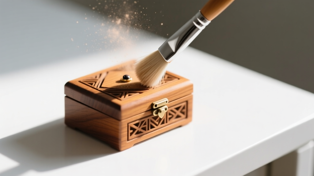 Close-up of a soft brush gently dusting the carved wooden exterior of a small matchstick jewelry box on a clean white desk