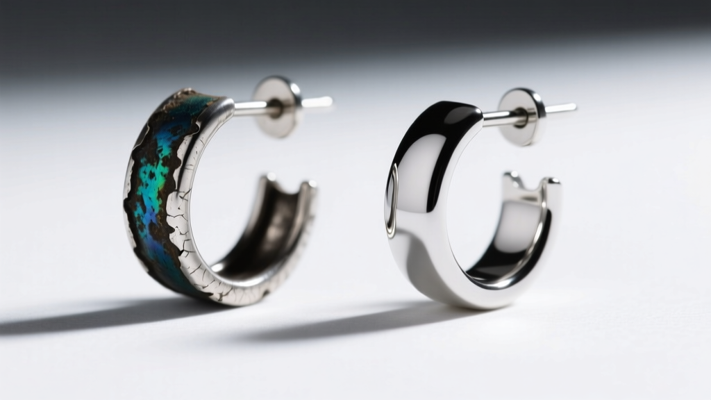Close-up of a tarnished sterling silver bike earring next to a pristine 316L surgical steel pair, showing oxidation differences.