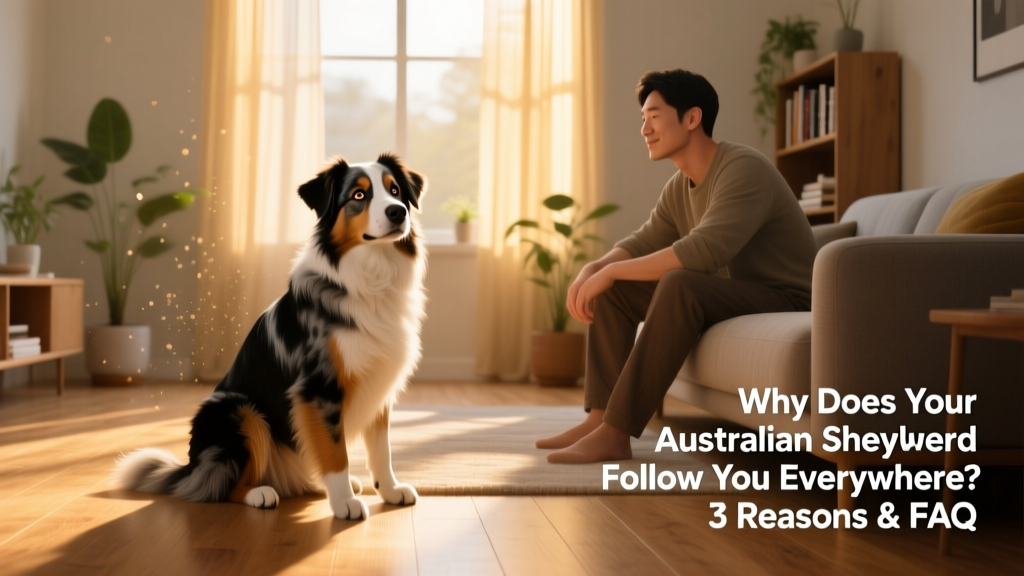Australian Shepherd sitting attentively beside its owner on a sunlit living room floor