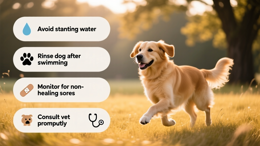 Infographic showing prevention tips: avoid stagnant water, rinse dog after swimming, monitor for non-healing sores, consult vet promptly