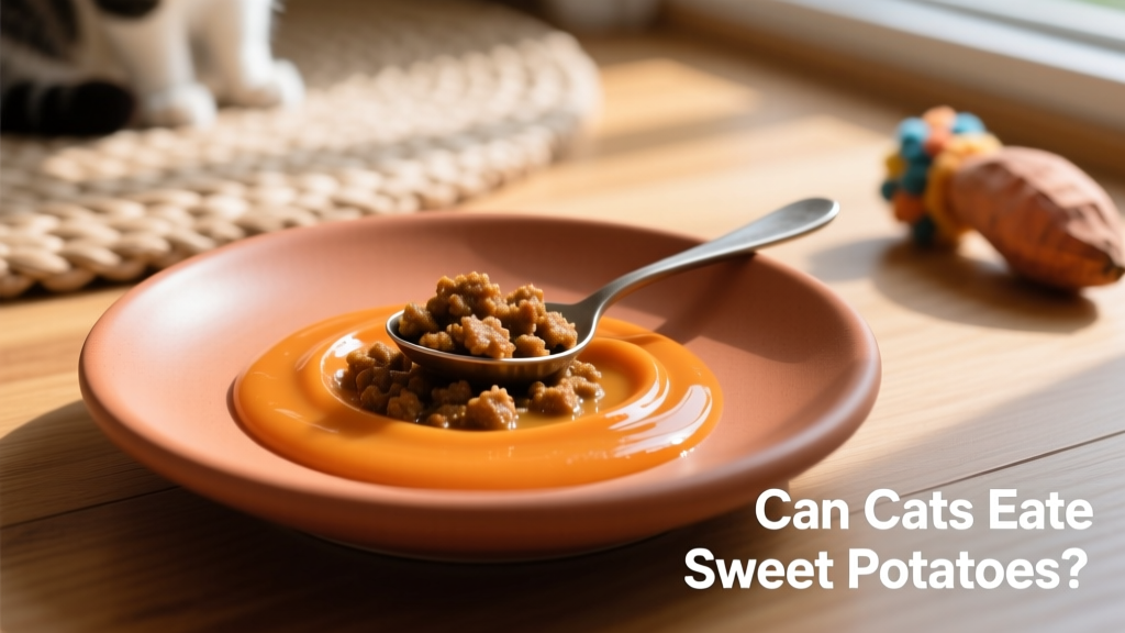 Close-up of a shallow ceramic dish with a smooth orange sweet potato gravy drizzled over a small scoop of wet cat food