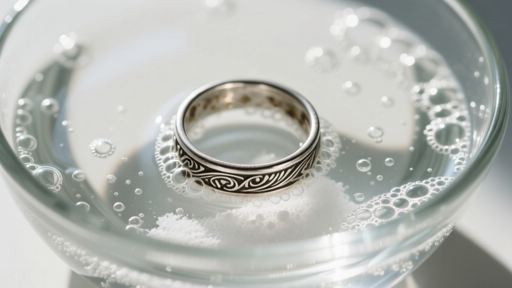 Overhead view of a tarnished sterling silver ring resting in a glass bowl filled with baking soda and hot water cleaning solution