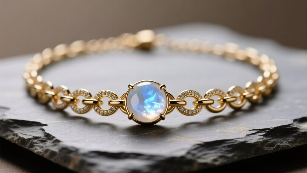 Macro view of the Embreigh Courtlyn necklace on slate, showing gold vermeil links and a bezel-set moonstone under soft lighting.
