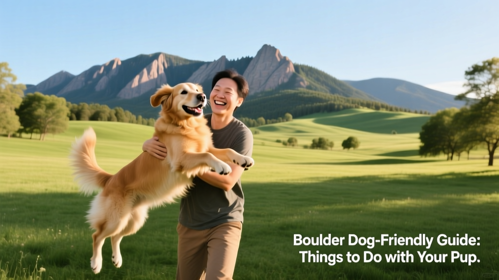 A person holding their dog in a sunny, grassy park with mountain views