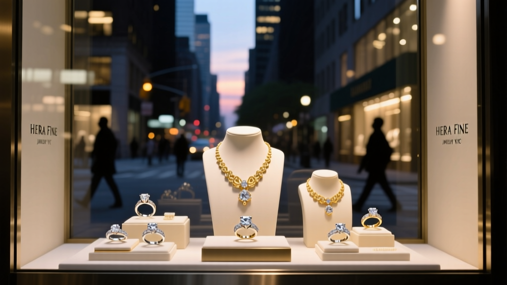 Storefront window display of Hera Fine Jewelry NYC featuring illuminated diamond engagement rings and gold necklaces at dusk