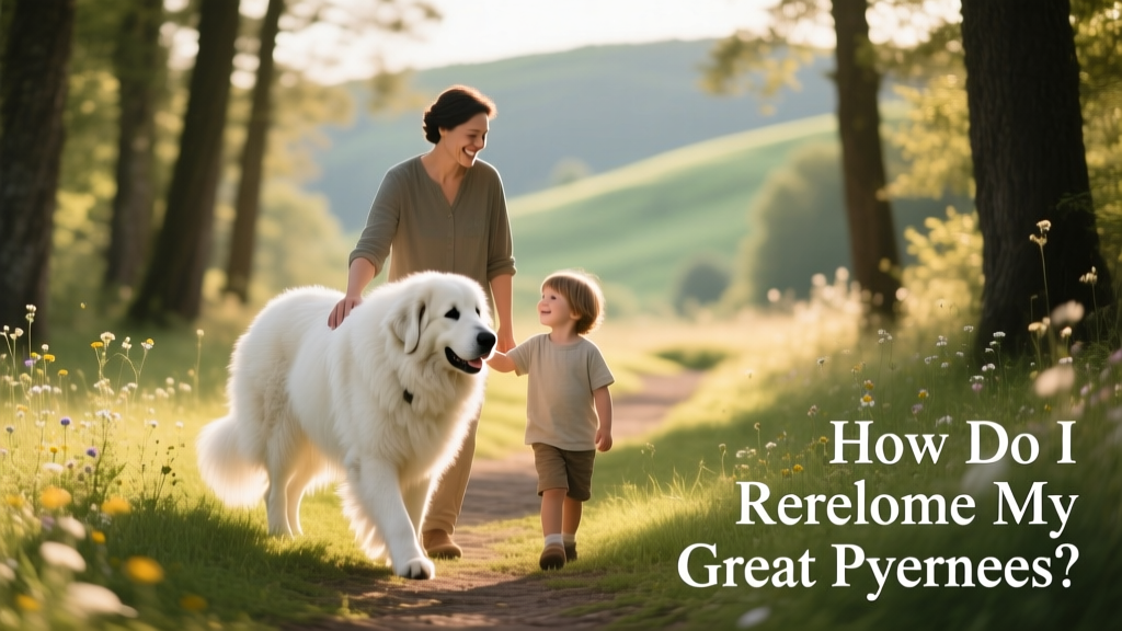 A Great Pyrenees walking calmly beside a smiling adult and child on a grassy path, showing relaxed body language