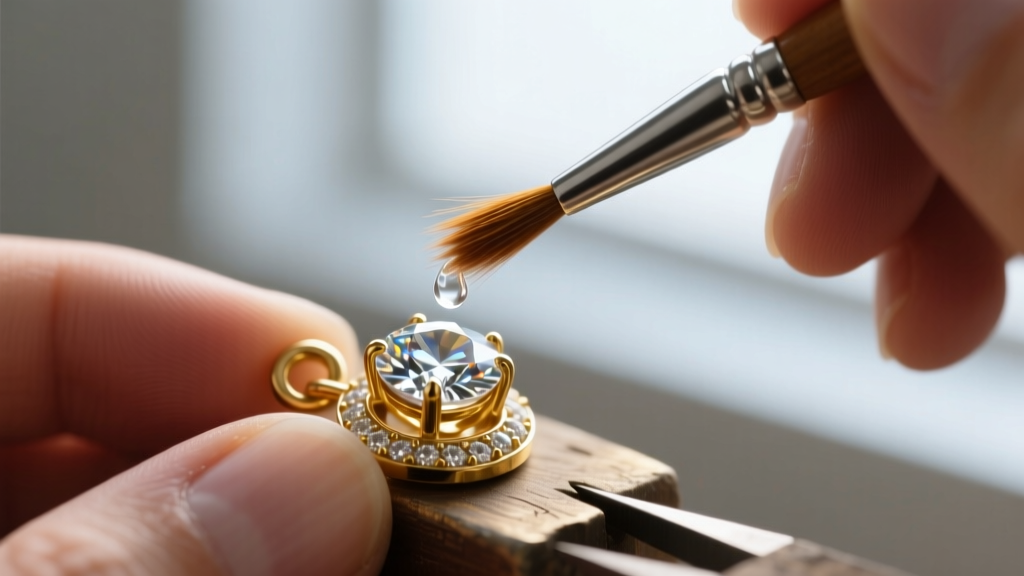 Macro shot of a jeweler using a micro-brush to apply clear adhesive to a loose rhinestone on a gold-plated brass charm setting
