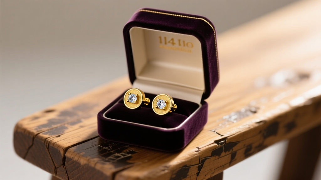 Open velvet gift box revealing 14k gold hockey puck stud earrings with a diamond accent, resting on a scratched wooden bench.
