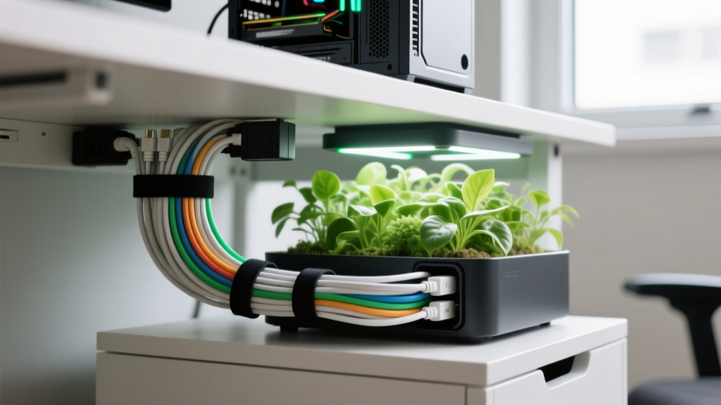Under-desk cable tray showing neatly bundled power cables from a PC tower and smart indoor garden, secured tightly with black velcro straps.