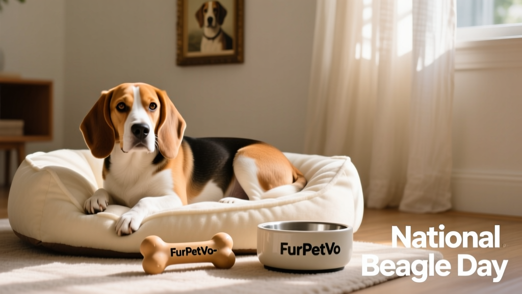 A Beagle resting peacefully on a cozy dog bed beside a FurPetVo-branded toy and water bowl