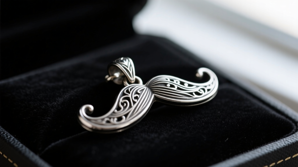 Close-up of a vintage sterling silver mustache pendant on dark velvet, highlighting filigree details and a dark oxidized patina