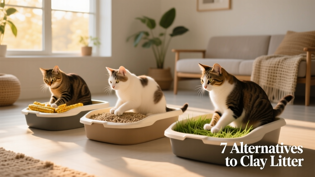 A serene indoor scene showing three cats using separate litter boxes filled with different natural litters—corn, paper, and grass