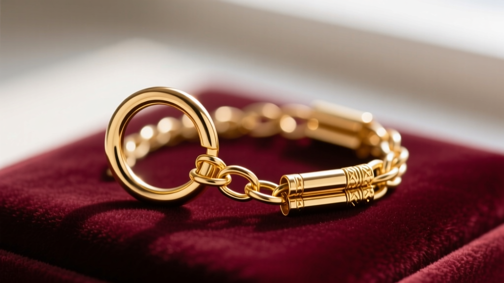 Macro photography of an 18-gauge gold jump ring connecting a delicate box chain to a multi-strand tube clasp on a velvet pad