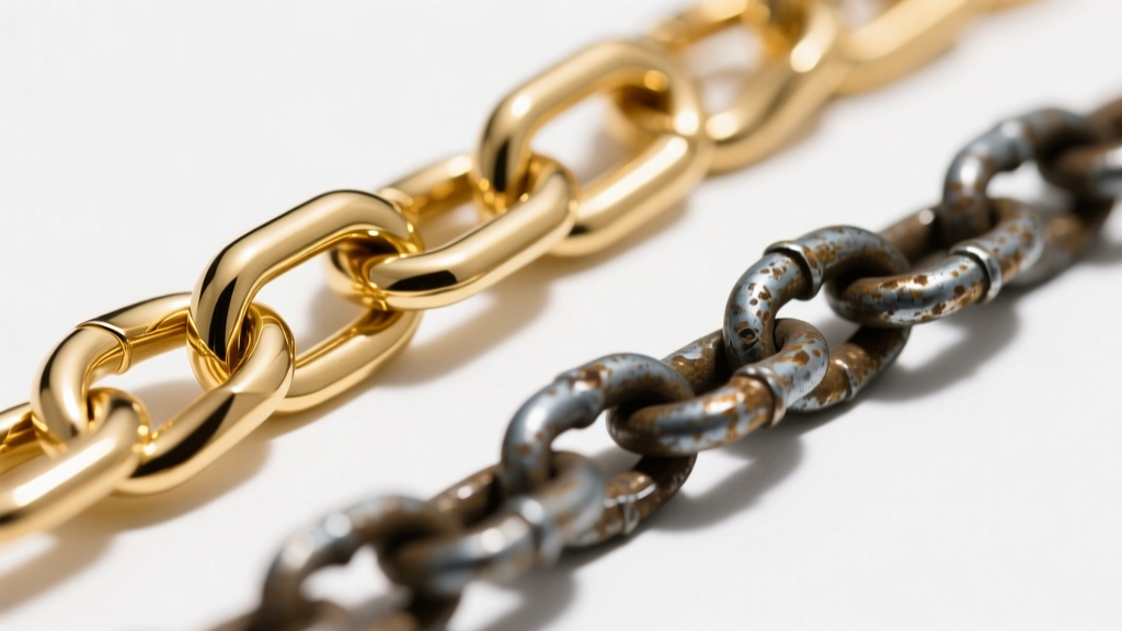 Macro shot of a pristine 14k gold vermeil Arwin chain link beside a worn plated chain, shown under bright, clean studio lighting.