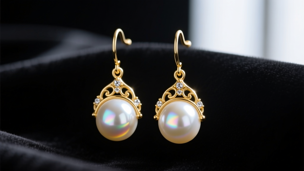 Macro view of 14k gold pearl drop earrings with bright Akoya pearls on dark velvet, soft light highlighting thick nacre layers