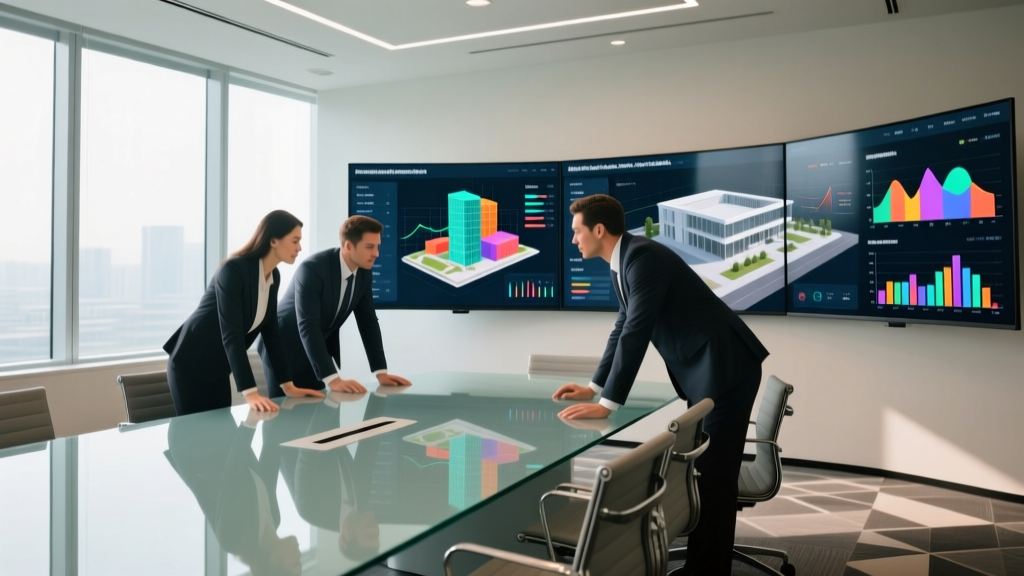 Modern marketing team analyzing digital BIM models and construction material lead generation dashboards on large monitors