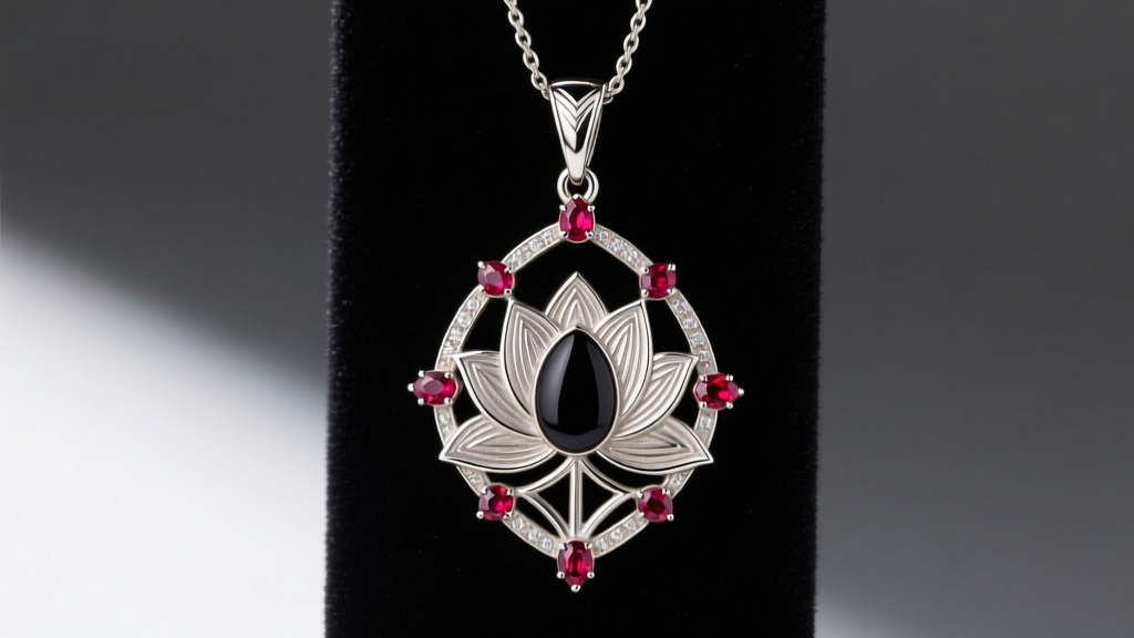 Side profile of a 1920s Egyptian revival platinum and onyx pendant, featuring geometric lotus motifs and calibré-cut rubies