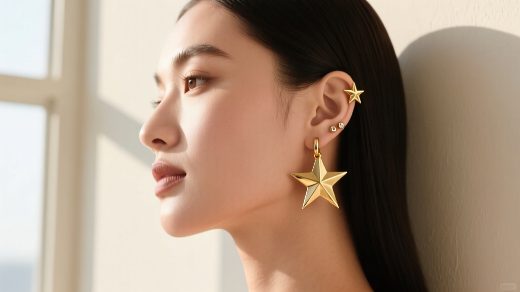 Side profile of a woman wearing 16-gauge gold star hoop earrings, showing the blunt star points resting safely away from her hair